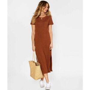 Outerknown Neptune Crew Neck Side Slit Tee Shirt Midi Dress Brown Women’s XS
